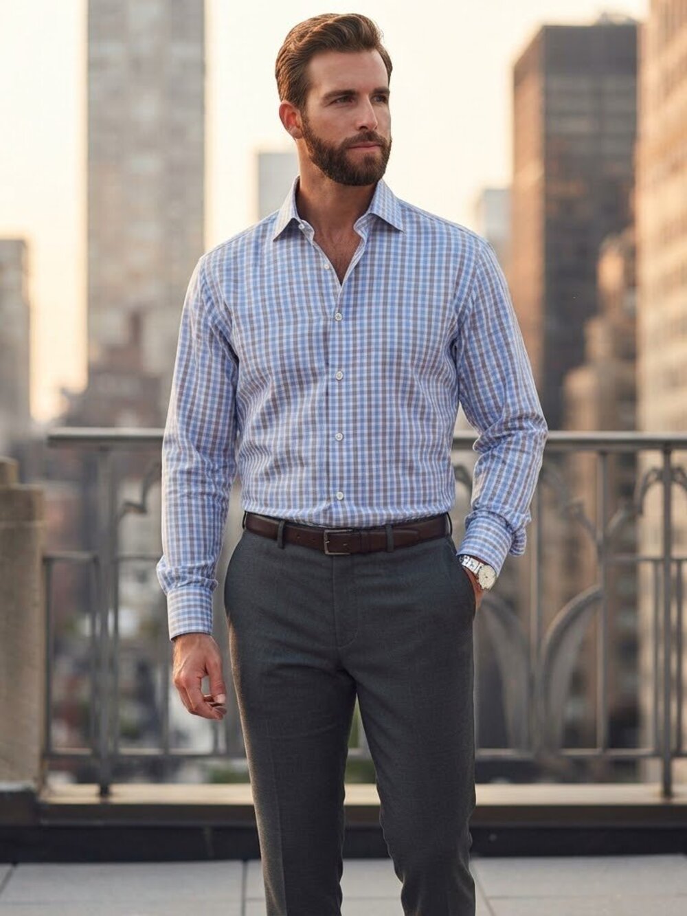 David Donahue Blue Brown Gingham Check Dress Workwear Shirt 17.5 34/35 Cotton